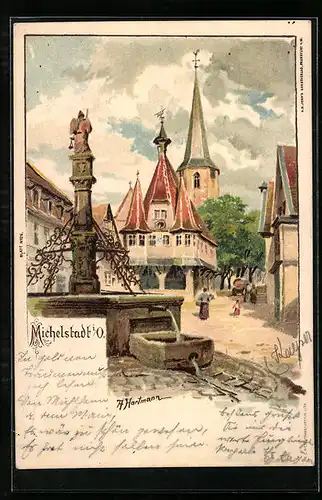 Lithographie Michelstadt i. O., Passanten auf dem Marktplatz mit Brunnen