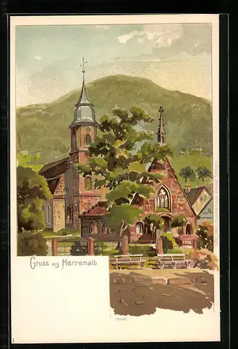 Lithographie Herrenalb, Die Kirche im Ortszentrum