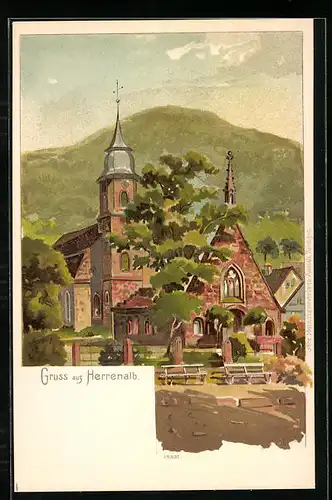 Lithographie Herrenalb, Kirche im Ortskern