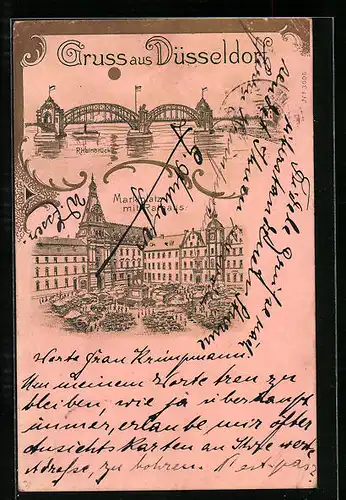 Lithographie Düsseldorf, Marktplatz mit Rathaus, Die Rheinbrücke