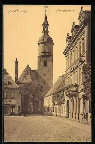 AK Pulsnitz i. Sa., Am Hauptmarkt mit Kirche