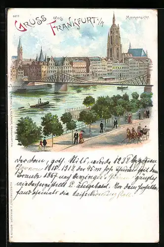 Lithographie Frankfurt a. M., Flusspartie mit Brücke