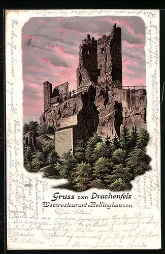 Lithographie Drachenfels, Weinrestaurant Bellinghausen