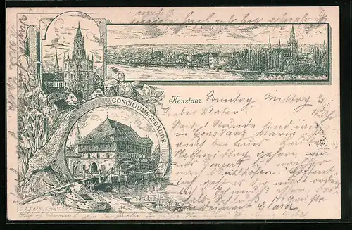 Vorläufer-Lithographie Konstanz, 1895, Gesamtansicht, Connciliumsgebäude, Kirche