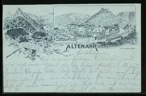 Vorläufer-Lithographie Altenahr, 1894, Ortsansicht mit Bahnhof, Bergpanorama
