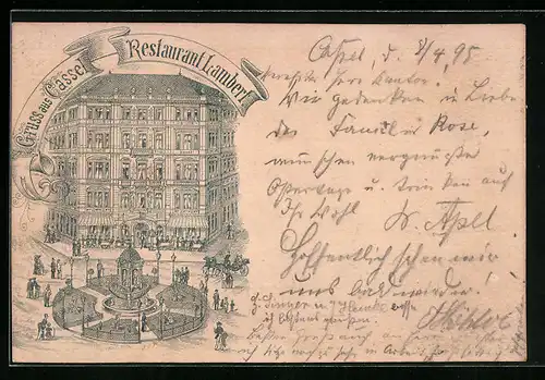 Vorläufer-Lithographie Cassel, 1895, Restaurant Lambert mit Strasse und Anlagen aus der Vogelschau