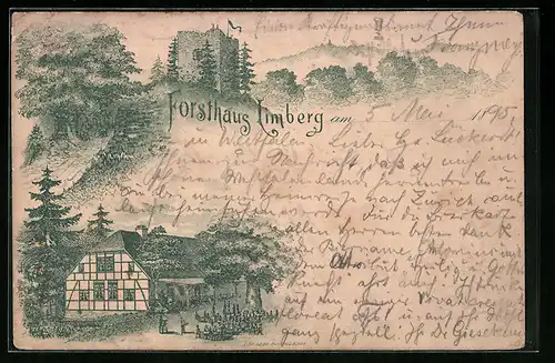 Vorläufer-Lithographie Limberg, 1895, Garthof Forsthaus Limberg mit Garten und Turm