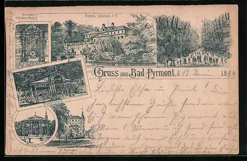 Vorläufer-Lithographie Bad Pyrmont, 1894, Fürstliches Schloss, Hauptallee, Helenenquelle, Fontaine