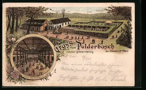 Lithographie Emmerich /Rh., Gasthaus Polderbusch, Gesamtansicht und Saal
