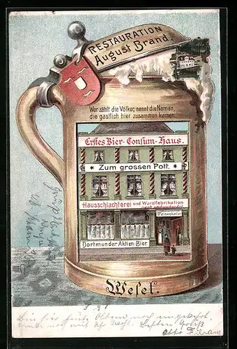 Passepartout-Lithographie Wesel, Gasthaus Zum grossen Pott, Gebäudeansicht im Bierkrug, Wappen