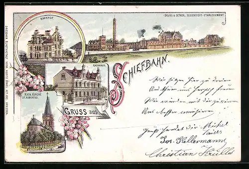 Lithographie Schiefbahn, Bahnhof, Seidenfabrik Deuss & Oetker, Rathhaus