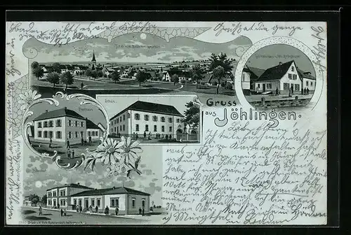 Mondschein-Lithographie Jöhlingen, Totalansicht, Geschäftshaus Kirchgässner, Bahnhof