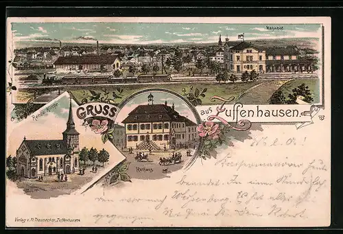 Lithographie Zuffenhausen, Ortsansicht mit Bahnhof, Rathaus, Kirche