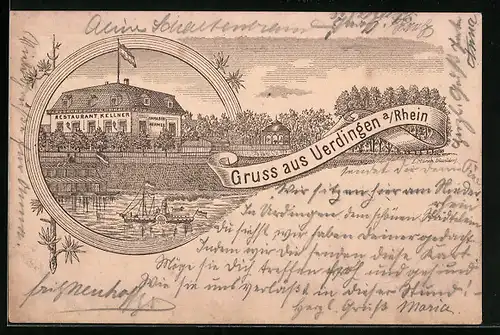 Lithographie Uerdingen a. Rh., Restaurant Kellner mit Pavillon und Rheindampfer