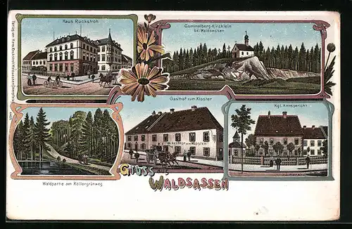 Lithographie Waldsassen, Haus Rockstroh, Gasthof zum Kloster, Gammelberg-Kirchlein