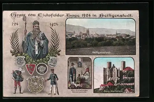 AK Heiligenstadt, Festkarte zum Eichsfelder Tage 1929, Teilansicht, Burg Hanstein, Bischof, Soldaten, Wappen