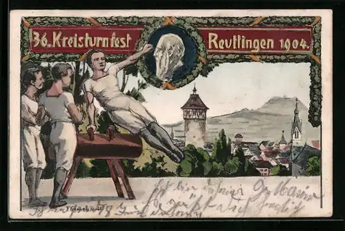 Künstler-AK Reutlingen, Kreis-Turnfest 1904, Ortsansicht mit Turnern