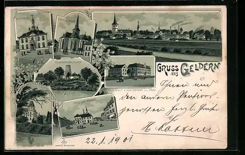 Lithographie Geldern, Panorama, Windmühlen-Turm, Grosser Markt