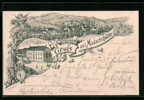 Lithographie Mulartshütte, Gasthaus Mulartshütte mit Umgebung und Strasse