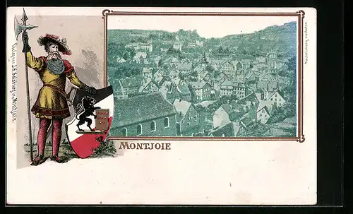 Passepartout-Lithographie Montjoie, Teilansicht aus der Vogelschau, Landsknecht mit Lanze und Wappen