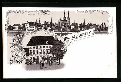 Lithographie Xanten, Panorama von der Nordseite, Hövelmanns Hotel mit Kutsche