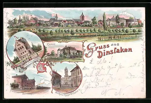 Lithographie Dinslaken, Stadtpanorama, Bahnhof, Amtsgericht