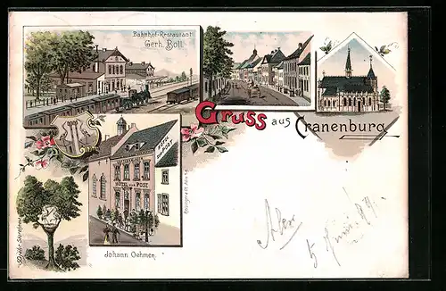 Lithographie Cranenburg, Hotel zur Post, Bahnhof mit Bahnhof-Restaurant Boll