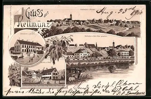 Lithographie Kellmünz, Ortsansicht von Süden, Brauerei zur Krone, Partie z. Steig