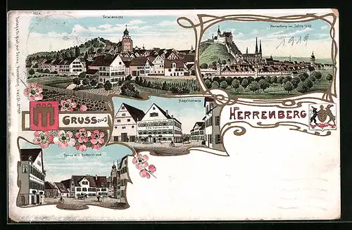 Lithographie Herrenberg, Totalansicht, Nagoldstrasse, Hotel Mast zur Sonne mit Horberstrasse