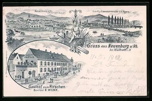 Lithographie Neuenburg a. Rh. bei Müllheim, Gesamtansicht mit Eisenbahnbrücke, Gasthof zum Hirschen mit Strasse
