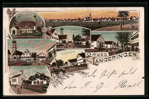 Lithographie Langeringen, Ortspanorama, Hauptstrasse, Schwabmühlhauserstrasse