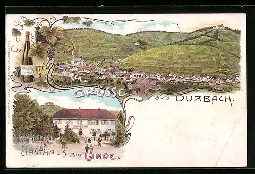 Lithographie Durbach, Gesamtansicht mit Umgebung, Gasthaus zur Linde