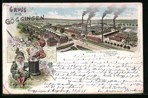 Lithographie Göggingen, Totalansicht, Zwirnerei und Nähfadenfabrik, Zwerge