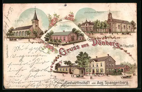 Lithographie Dönberg, Gasthaus von Aug. Spangenberg, Kath. Kirche mit Pastorat, Ev. Kirche, Vereinshaus