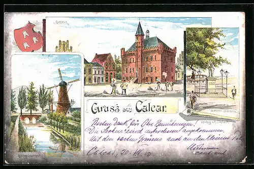 Lithographie Calcar, Rathaus, Seidlitz-Denkmal, Haselaerthor, Windmühle, Wappen