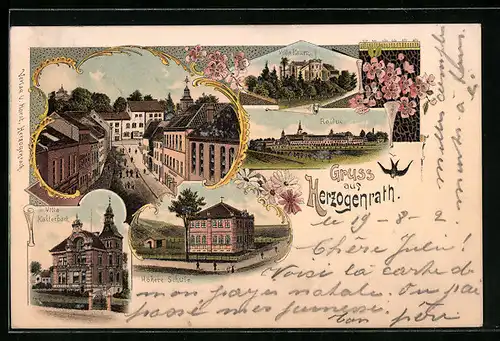 Lithographie Herzogenrath, Villa Katterbach, Höhere Schule, Villa Kallen, Rolduc