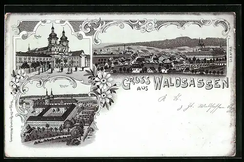 Lithographie Waldsassen, Kloster, Totalansicht, Kirche