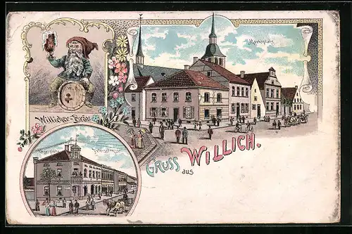 Lithographie Willich, Marktplatz, Kaiserplatz, Petersstrasse, Willicher-Bräu