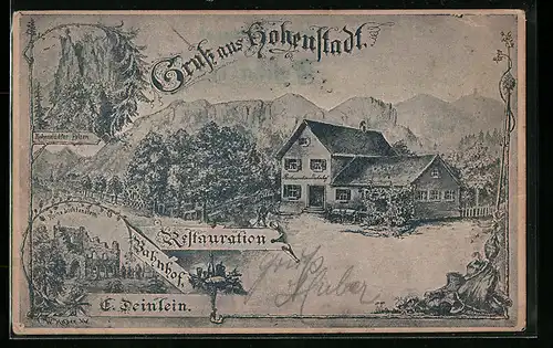 Lithographie Hohenstadt, Restaurant Bahnhof E. Deinlein, Ruine Lichtenstein, Hohenstädter Felsen