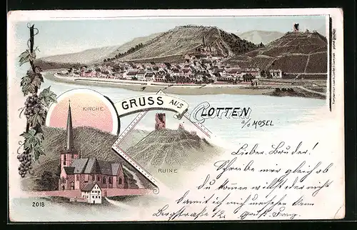 Lithographie Clotten a.d. Mosel, Totalansicht, Kirche, Ruine