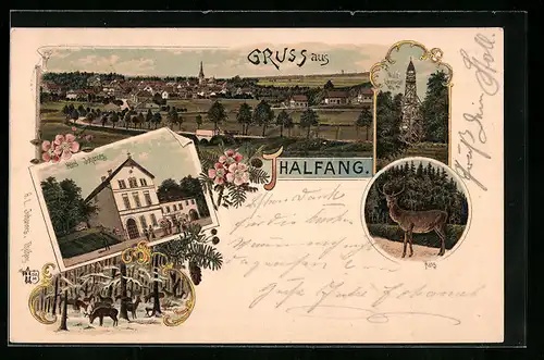 Lithographie Thalfang, Hotel Johannes, Totalansicht, Wald-Erbeskopf, Hirsch Hans
