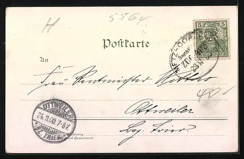 Lithographie Uerzig, Totalansicht, Stilleben mit Champagnerflaschen im Kübel