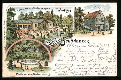 Lithographie Barmen, Gasthaus Schönebeck, Restaurant & Gartenanlagen von Wwe Eigen, Partie aus dem Garten
