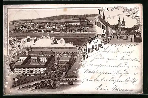 Lithographie Waldsassen, Johannisstrasse, Totalansicht, Kloster Waldsassen