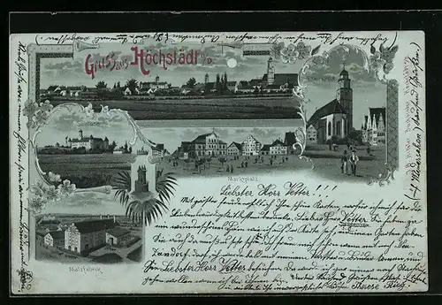 Mondschein-Lithographie Höchstädt a. D., Marktplatz, Pfarrkirche, Teilansicht, Schloss, Malzfabrik