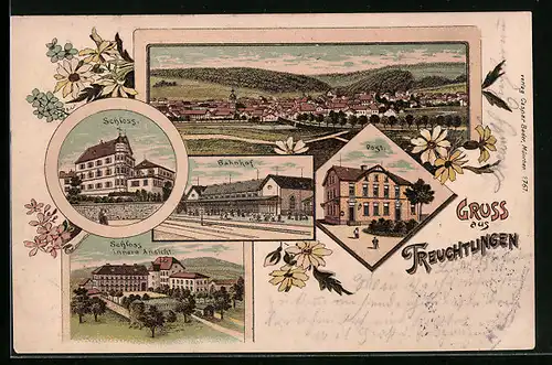 Lithographie Treuchtlingen, Totalansicht, Bahnhof, Schloss, Post