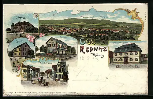 Lithographie Redwitz, Marktstrasse, Gesslein`s Kaufhaus, Bahnhof