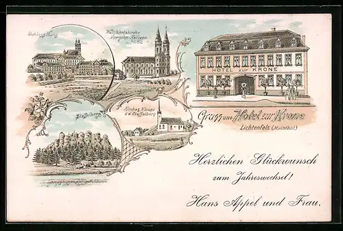 Lithographie Lichtenfels /Mainthal, Hotel zur Krone, Schloss Banz, Wallfahrtskirche Vierzehn Heiligen, Staffelberg