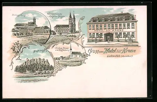 Lithographie Lichtenfels /Mainthal, Hotel zur Krone, Schloss Banz, Wallfahrtskirche Vierzehn Heiligen, Staffelberg