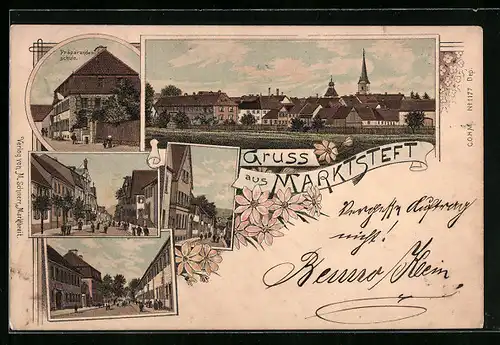 Lithographie Marktsteft, Präparandenschule, Ortsansicht mit Kirche